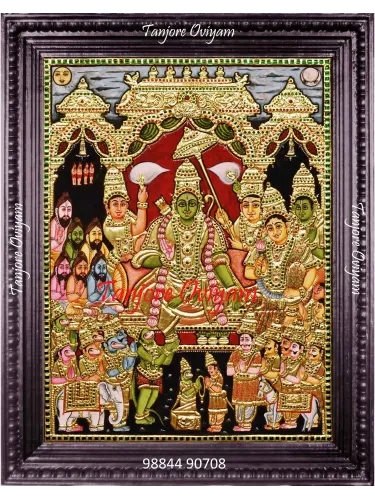Handcrafted Ramar Pattabishegam Tanjore Painting showing the coronation of Lord Rama with Sita, Lakshmana, Hanuman, and royal attendants in gold foil artwork
